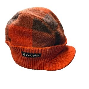 Youth One Size Columbia Orange and Brown Checkered Plaid Fleece Beanie Hat
